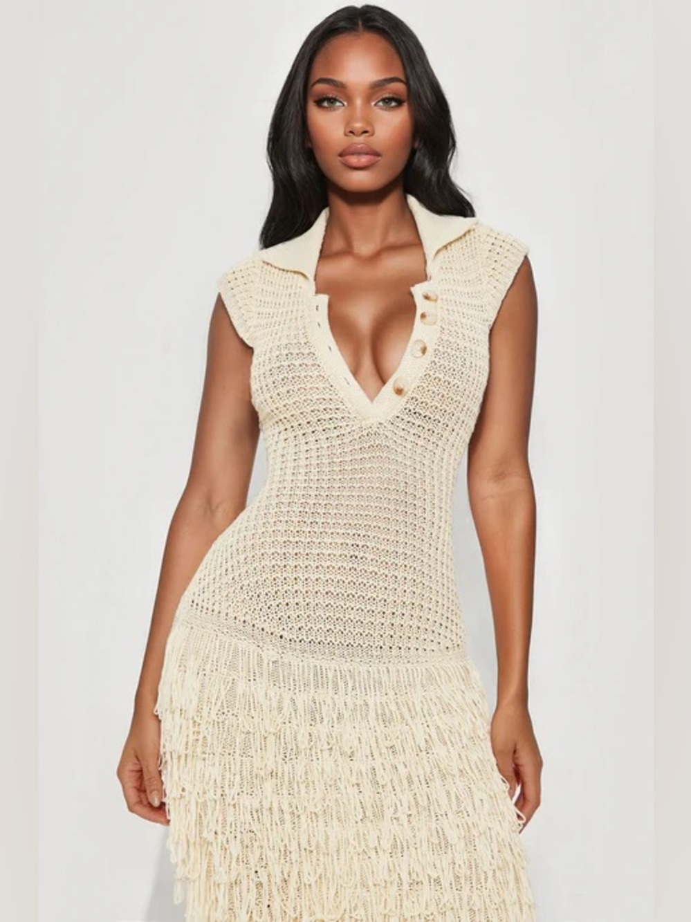 Fashion Nova Cream Crochet Fringe Midi Dress - Picture 3 of 5